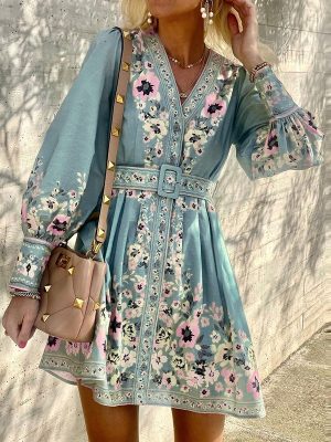 Bohemian Dress Women Floral Print Lon...