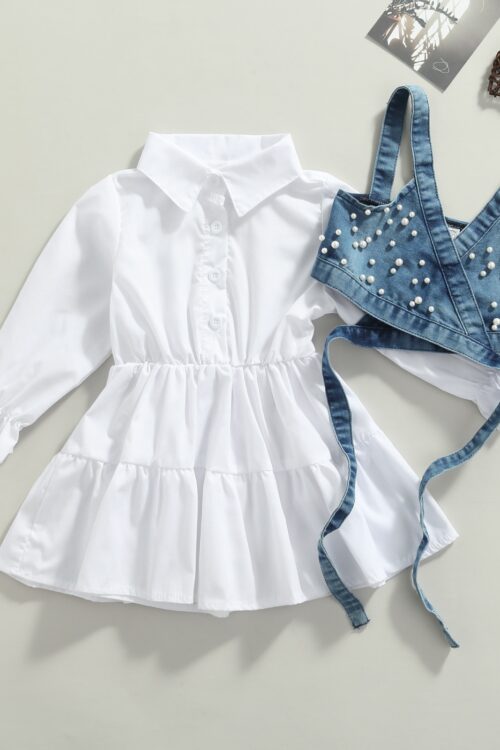 Baby Girl Clothes Long Sleeve Dress Denim Beading Vest 2Pcs Outfits