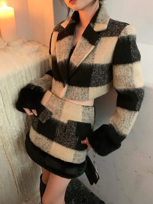 Faux Fur Plaid Blazer Suits Women Cro...