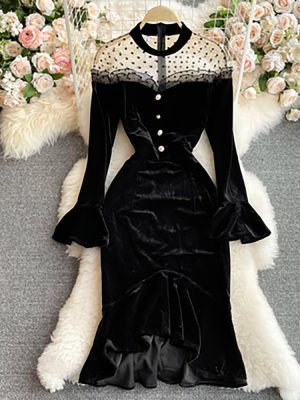 Women Black Mesh Patchwork Velvet Par...