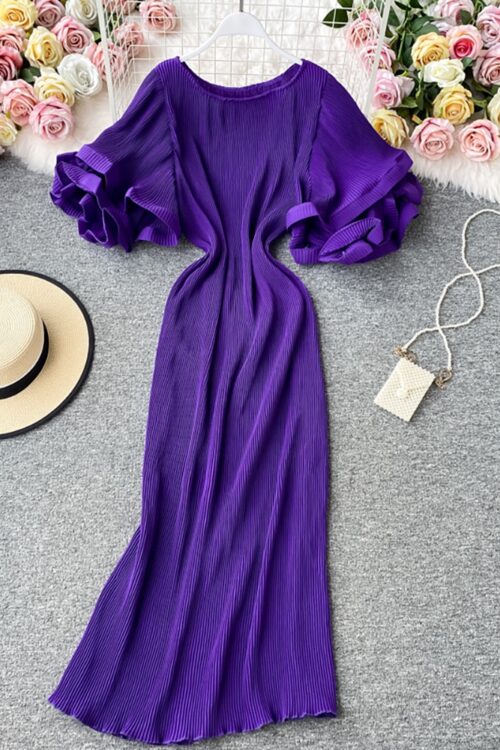 Women Casual Round Neck Flare Short Sleeve Pleated Maxi Dress 2023 Summer Fashion Outfits