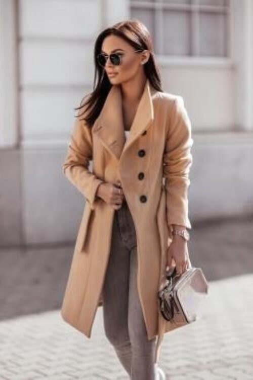 Women Wool Coat Turn-down Collar Long...