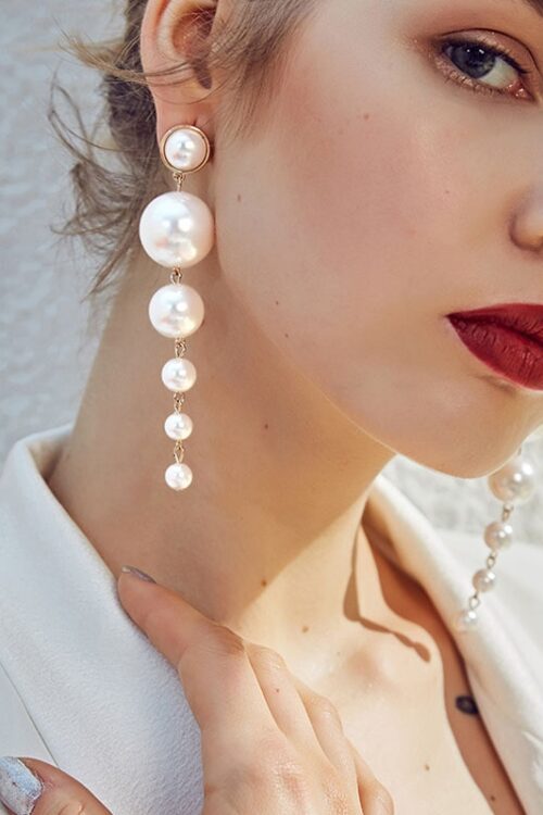 Exquisite Simulated Pearl Stud Earrings Fashion Long Statement Earrings for Women Party Wedding Female Jewelry Gift