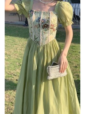 Women French Style Ink Green Maxi Dress Summer Outfits