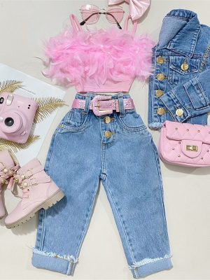 Kid Children Pink Sleeveless Feather Camisole + Denim Pants with Pockets