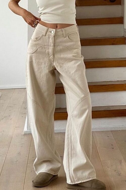 Beige Jeans Baggy Women Casual Denim Trousers Vintage High Waist Wide Leg Pant
