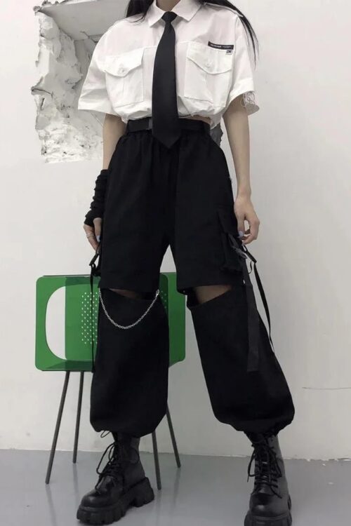 Gothic Streetwear Women’s Cargo Pants with Chain Punk Techwear Black Oversize Korean Fashion Wide Leg Trousers