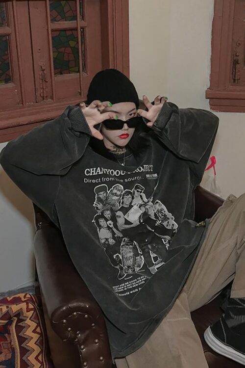 Grunge Vintage Gray Women Hoodies Aesthetic Harajuku Streetwear