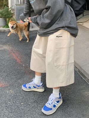 Japanese Streetwear Beige Cargo Capri...