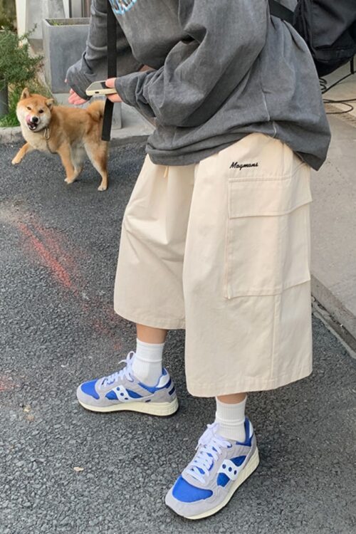 Japanese Streetwear Beige Cargo Capri Pants Women Harajuku Hippie Pockets Oversize Wide Leg Trousers
