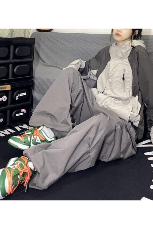Retro Hippie Gray Baggy Parachute Pants Women Streetwear Oversize Pockets Wide Leg Cargo Trousers