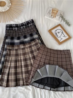 Girls Vintage Plaid Skirt Women Kawai...