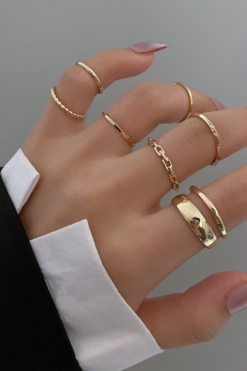 7pcs Fashion Jewelry Rings Set Hot Selling Metal Hollow Round Opening Women Finger Ring for Girl Lady Party Wedding Gifts