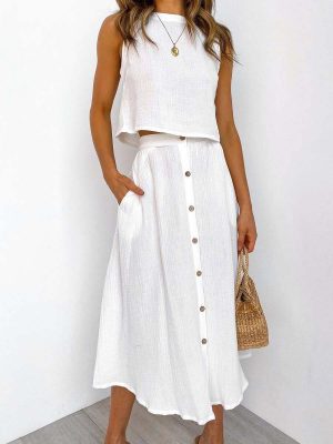 Women Loose Casual White Cotton Skirt...