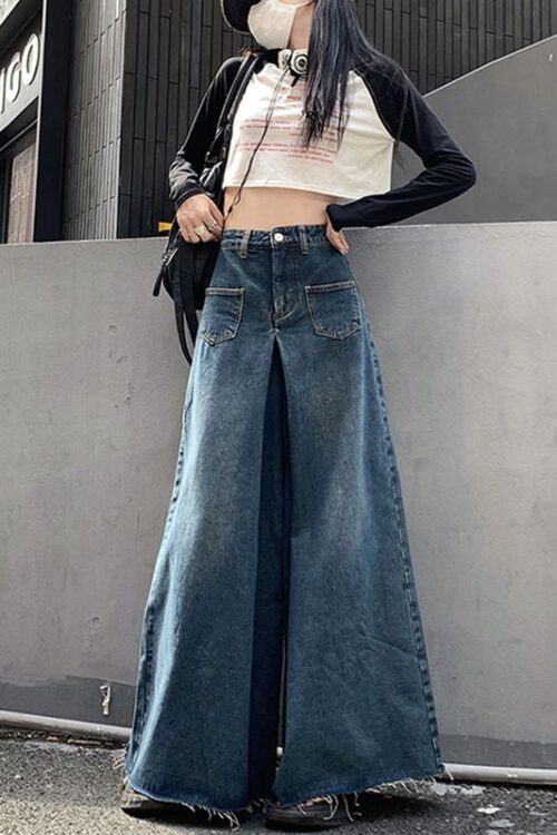Women Oversized Vintage High Waist Jeans High Street Loose Frayed Wide Leg Jeans