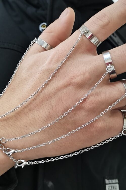 Punk Geometric Silver Color Chain Wrist Bracelet For Women Men Ring Charm Set Couple Emo Fashion Jewelry Gifts Pulsera Mujer