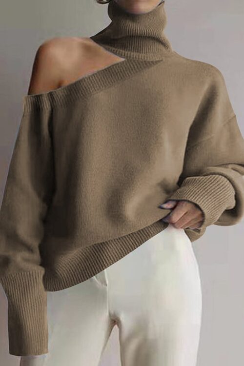 Sexy Leopard Print Hollow Sweater Elegant Off Shoulder Turtleneck Sweater