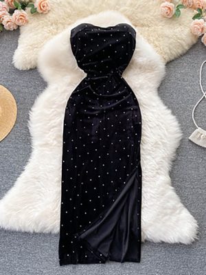 Women Polka Dot Velvet Bodycon Dress ...