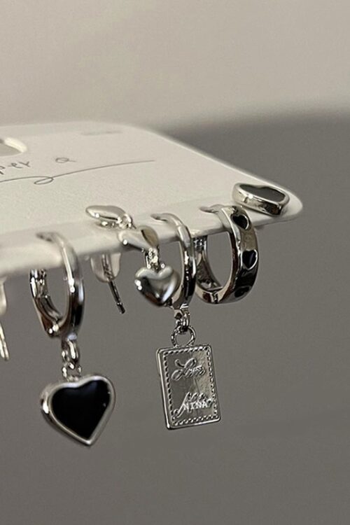 Silver Color Metal Tassel Chain Love Heart Earring Irregular Geometric Cherry Hoop Earrings for Women Gifts Jewelry 6pcs Set