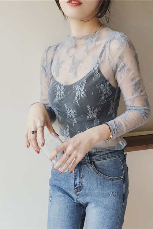 Women Lace Floral Embroidery Blouses ...