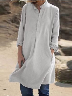 Women Cotton Linen Solid Casual Dress...