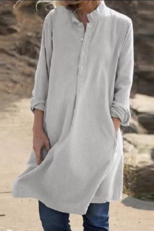 Women Cotton Linen Solid Casual Dress...