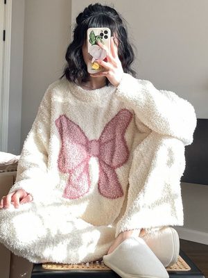 Women’s Casual Lovely Bow Sweet Girl Warm Soft Sleepwear Loose Pajamas