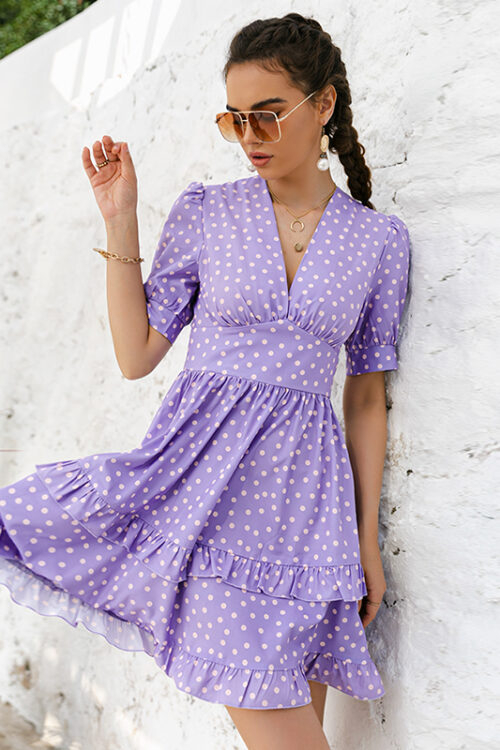 Purple v-neck polka-dot Short Dress P...