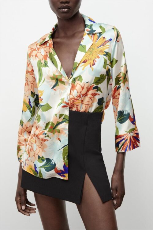 Summer Women Collared Floral Print Wide Sleeve Single-Breasted Shirt Top