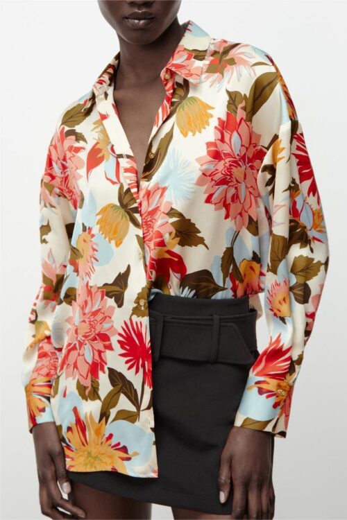 Summer Women Clothing Collared Floral Print Satin Long Sleeve Shirt Top