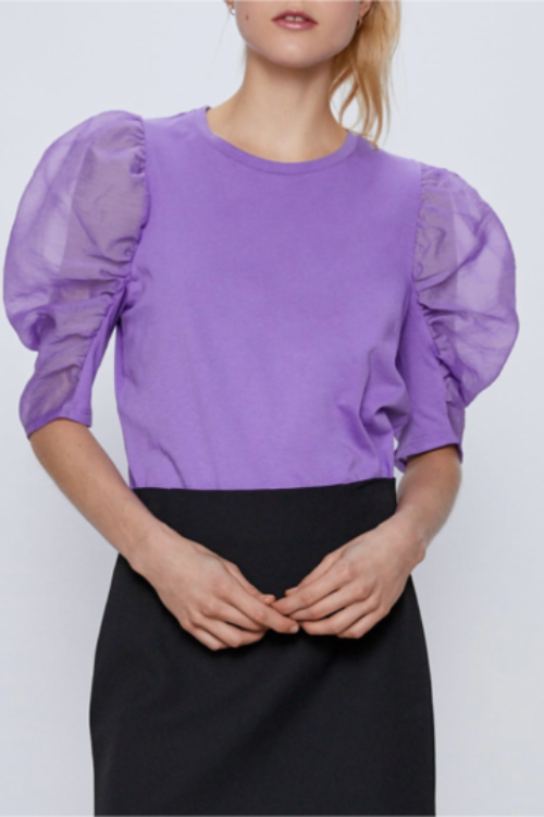 Elegant round Neck Puff Sleeve Half Sleeve Pullover Solid Color Shirt for Women