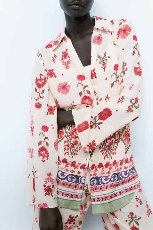 Women Clothing Autumn Niche Design Collared Floral Print Shirt
