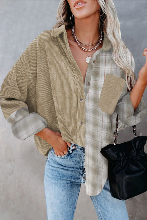 Cardigan Top Women Spring Autumn Single Breasted Plaid Contrast Color Corduroy Long-Sleeved Shirt for Women