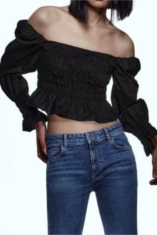 Spring Summer Retro Slimming Slim Fit Long Sleeved T shirt Black Velvet Square Collar Collarbone Bottoming Shirt Top for Women