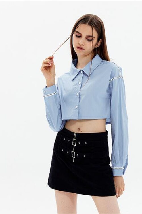 Fashionable Ribbon Blue Short cropped Long Sleeve Shirt Collared Sweet Autumn Top for Women