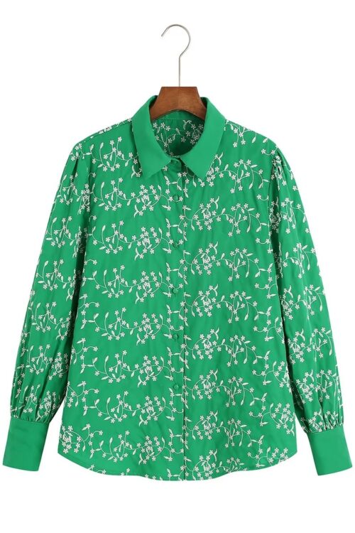 Fall Women  Clothing Casual Green Embroidery Shirt Long Sleeve Embroidered Shirt