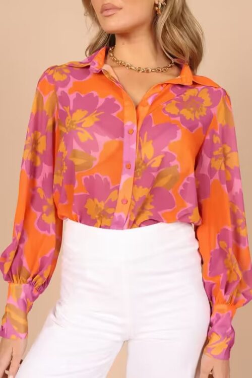 Autumn Winter Women Clothing Floral Printing Collared Single Breasted Shirt