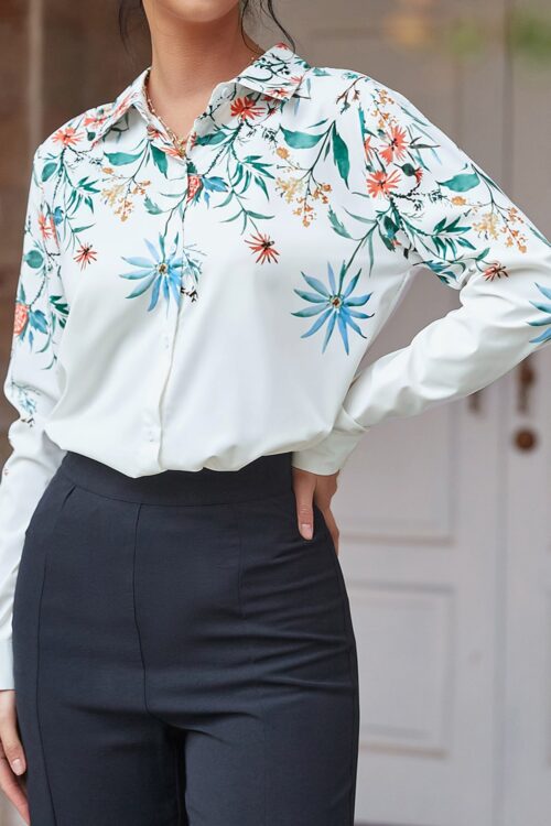 Women Spring Fall Office Elegant Embroidery Long Sleeve Shirts