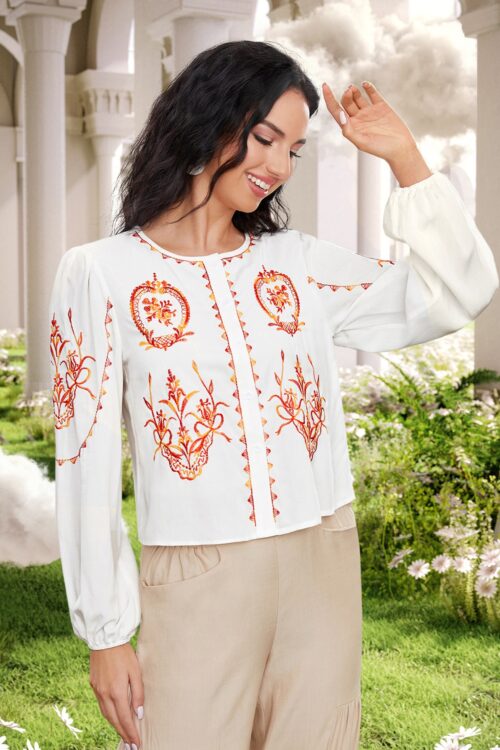 Women Spring Fall Crew Neck Elegant Floral Embroidery Blouses