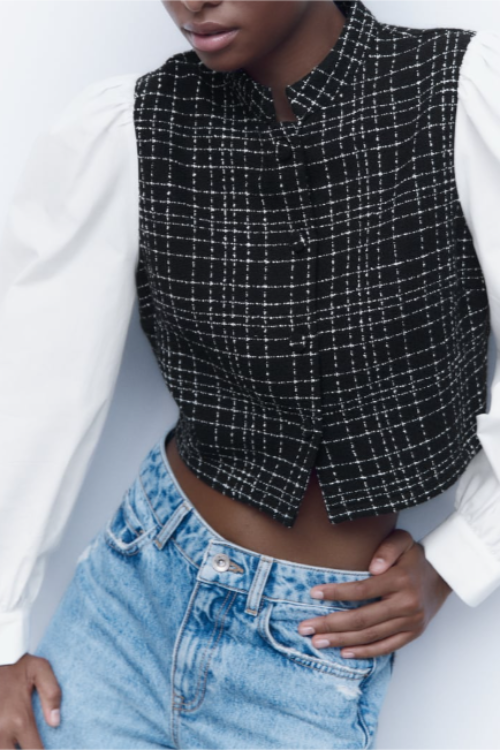 Fall Women Clothing Street All Match Plaid Texture Black White Long Sleeve Stitching Shirt