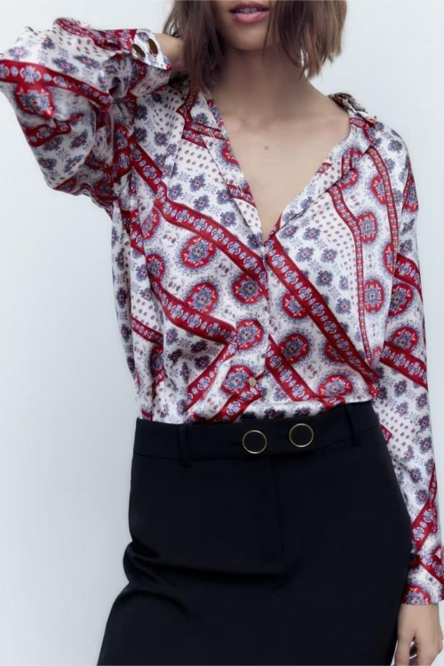 Women Print Deep V Plunge Plunge neck Pattern Long Sleeve Shirt