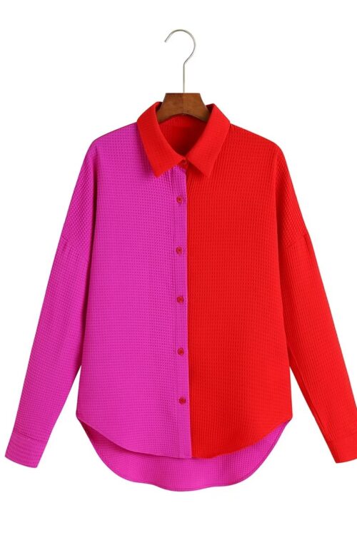 Spring Collared Simple Loose Color Block Rose Shirt Women Clothing