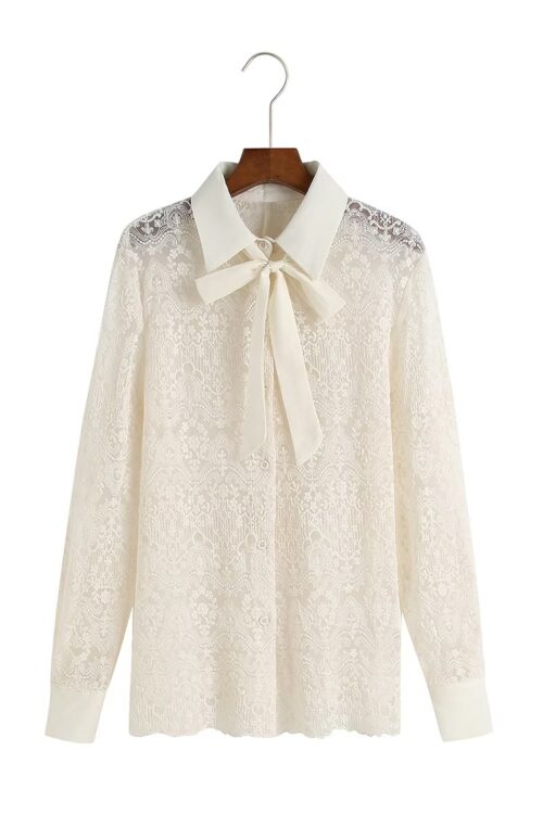 Spring Autumn French Lace Pearl Bow Shirt Pullover Regular V neck Lace up Top for Women