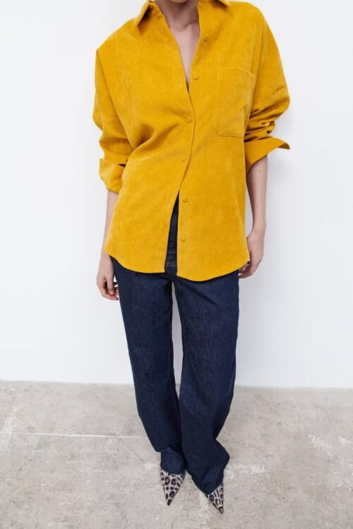 Yellow Shirt Korean Women Clothing Autumn Casual Loose Long Sleeve Corduroy