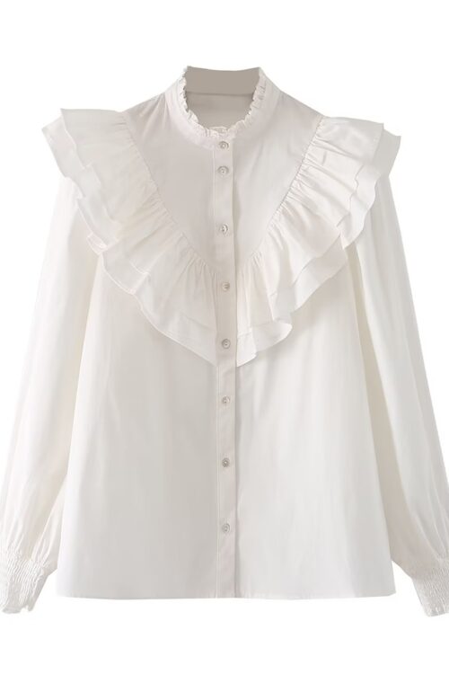 Autumn Women White Long Sleeve Laminated Decoration Poplin Shirt