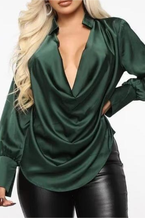 Autumn Satin Swing Collar Loose Fitting Solid Color Long Sleeves Pullover Shirt Women
