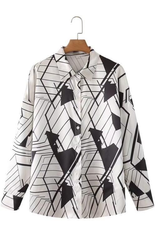 Simple Autumn Women Chic Contrast Color Geometric Abstract Pattern Mid Length Collared Long Sleeve Shirt