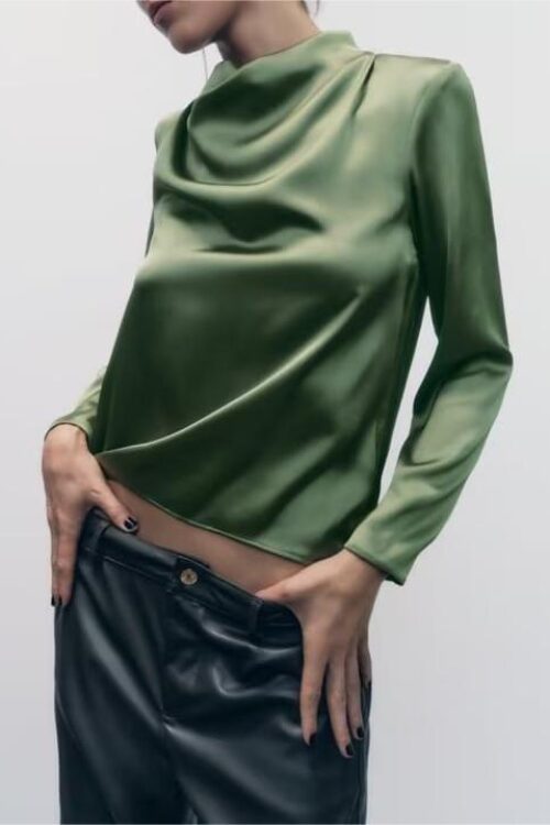 Winter Elegant Draped Collar Long Sleeve Silk Satin Texture Shirt for Women