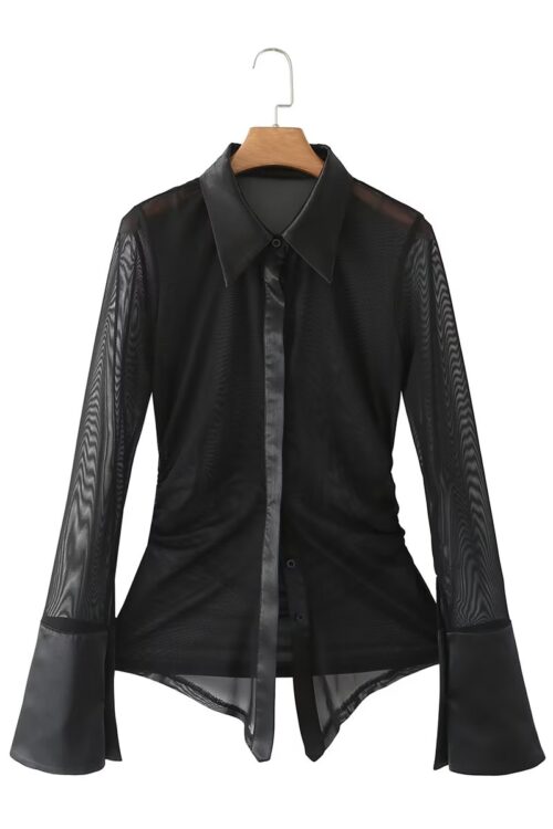 Lace Long-Sleeved Shirt Women Closed Collared Sexy Short Top Button Cardigan