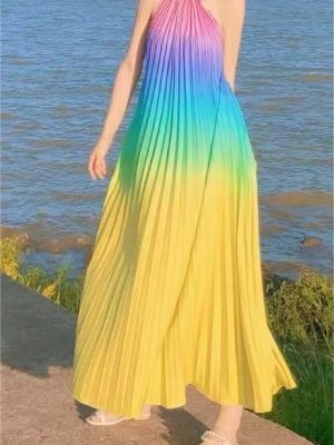 Color Stripes Pleated Women Clothing ...